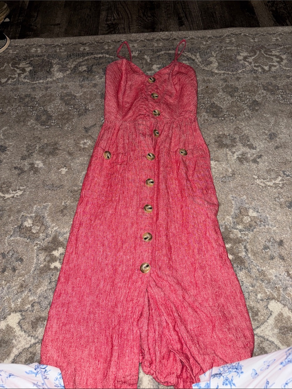 Red Button-Front Spaghetti Strap Maxi Dress